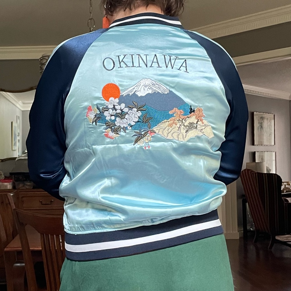 Reversible polyester satin jacket with embroidered details